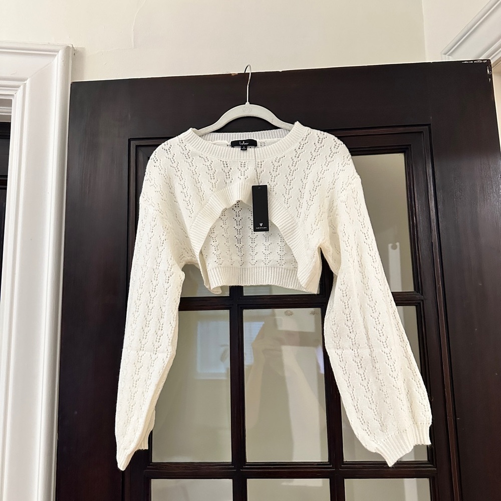 Lulus Little Layer White Pointelle Knit Long Sleeve Shrug Sweater, NWT